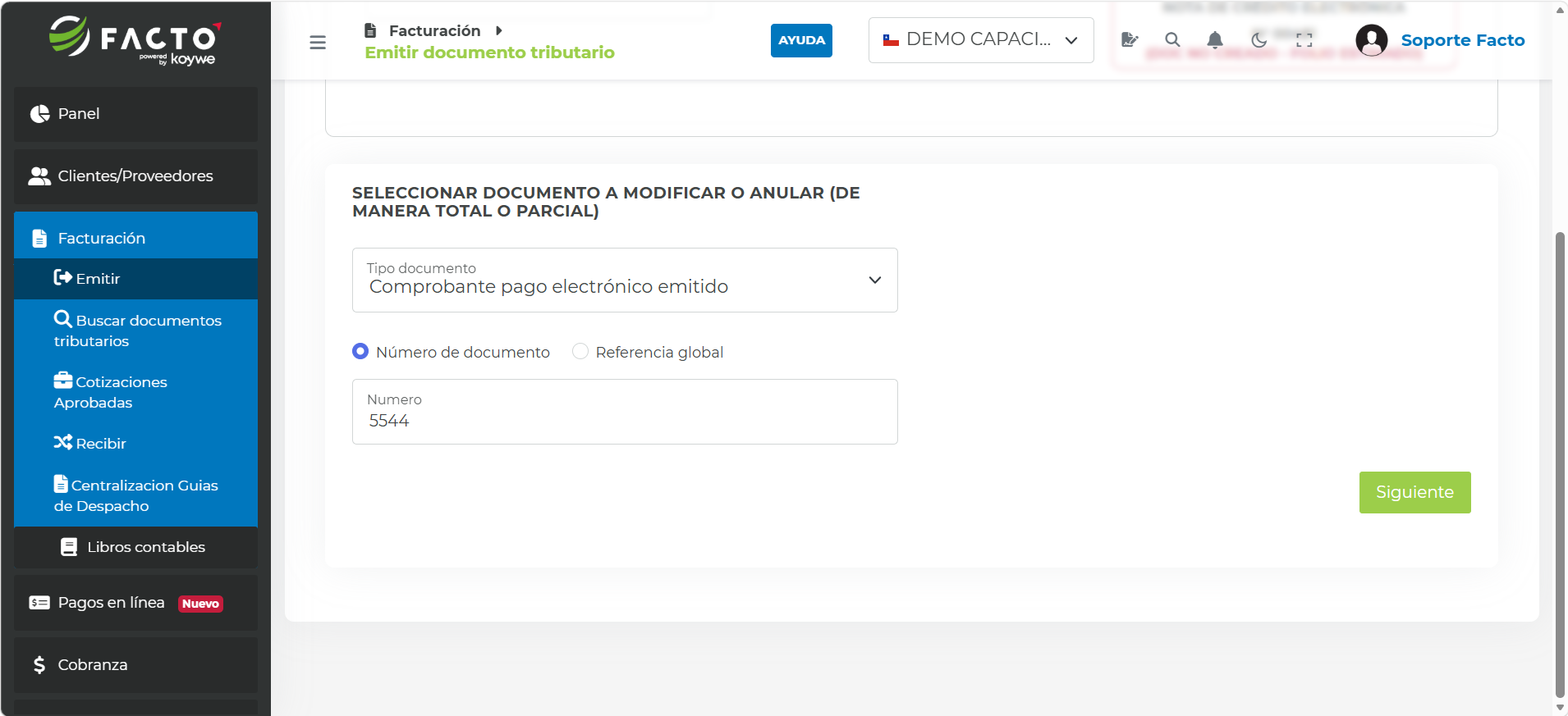 Casilla Número de documento con el folio del Voucher