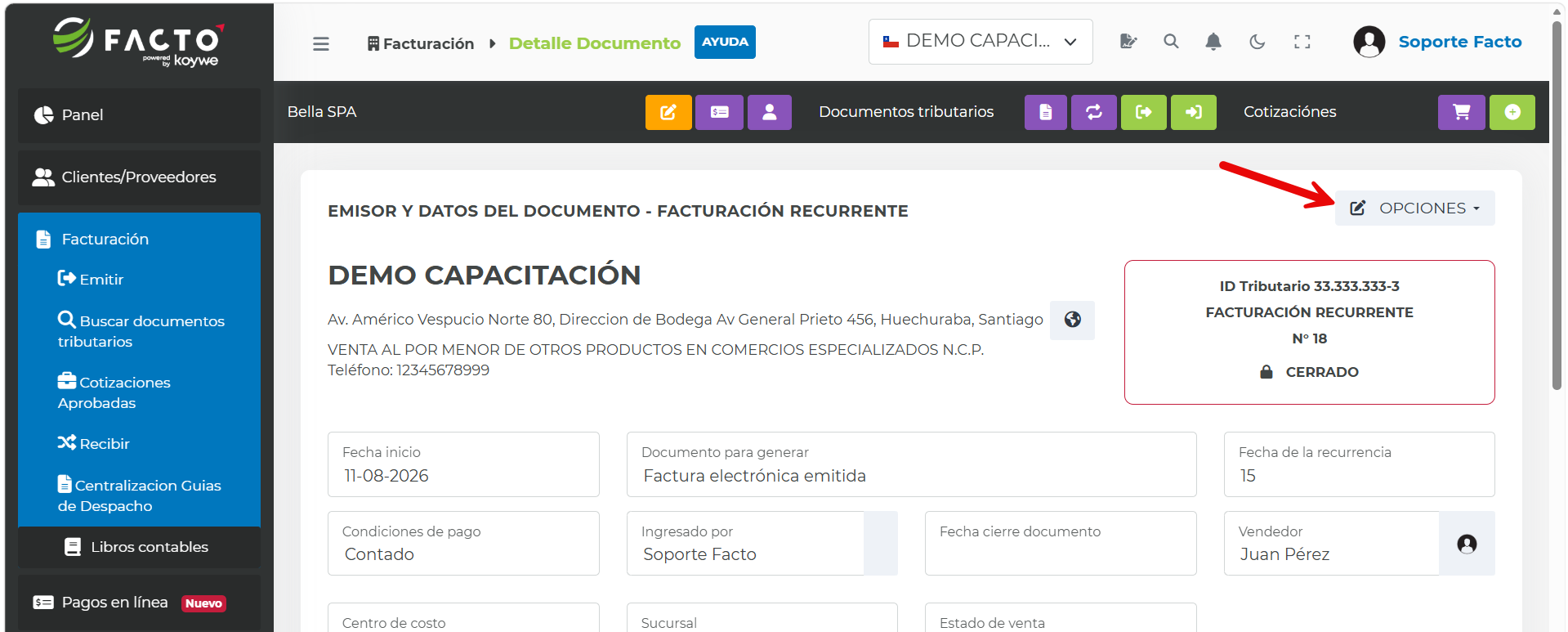 Opción Desbloquear en el menú OPCIONES del documento recurrente