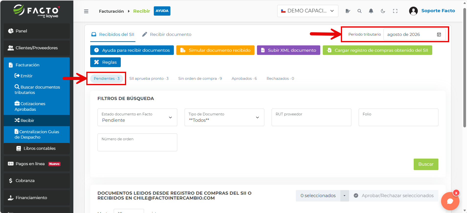 Filtro de Período tributario y pestaña Pendientes en la bandeja de Recibidos del SII