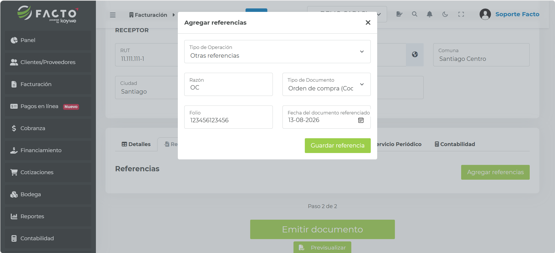 Formulario con el tipo de documento a referenciar, la razón y el folio