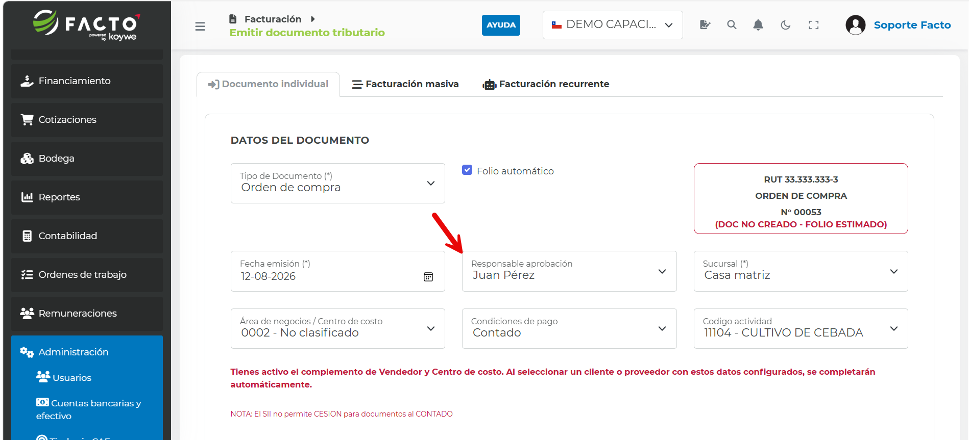 Selección del Responsable aprobación de la Orden de Compra