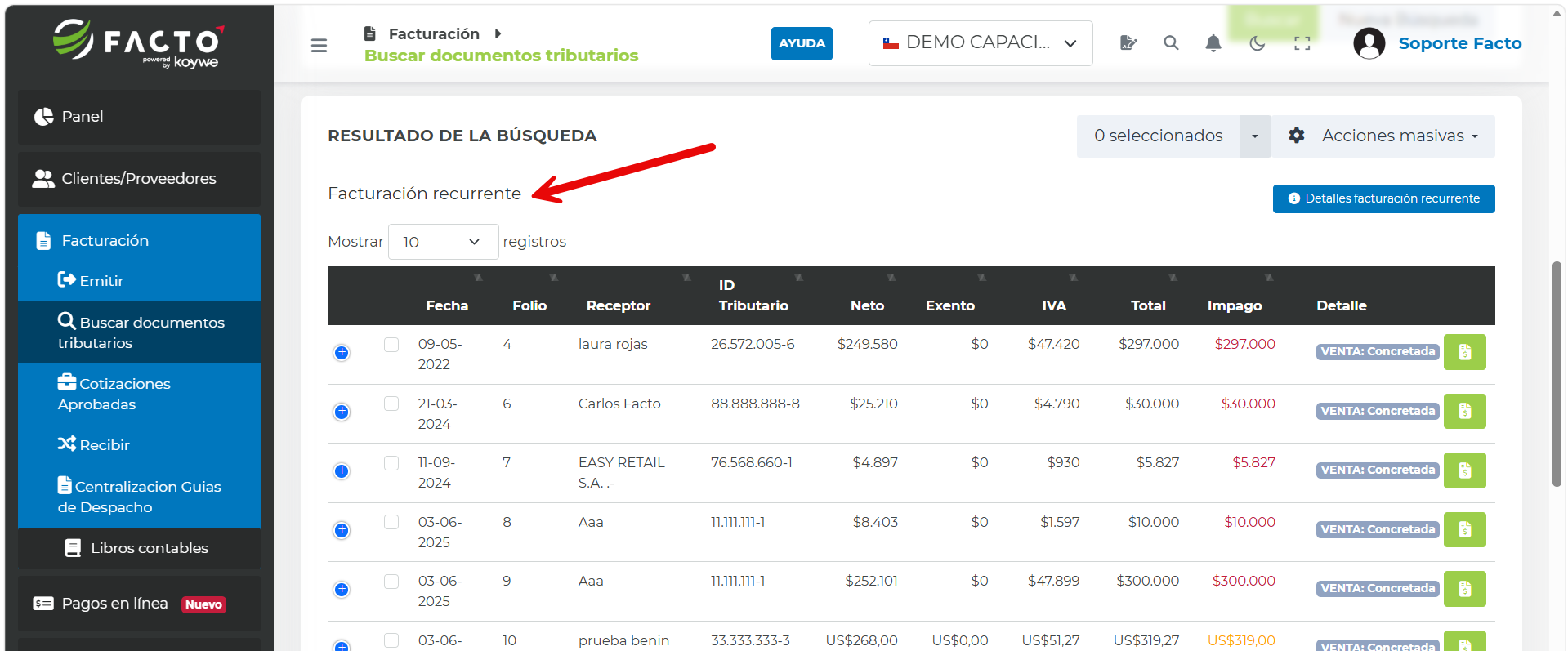 Resultado de la búsqueda de documentos recurrentes