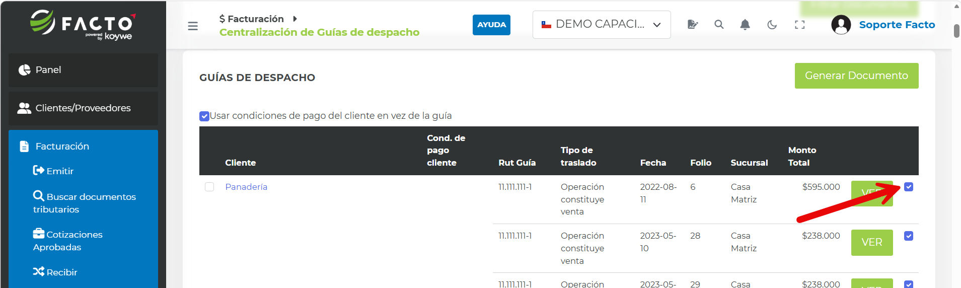 Selección de varias Guías de Despacho Electrónicas del mismo cliente para facturar
