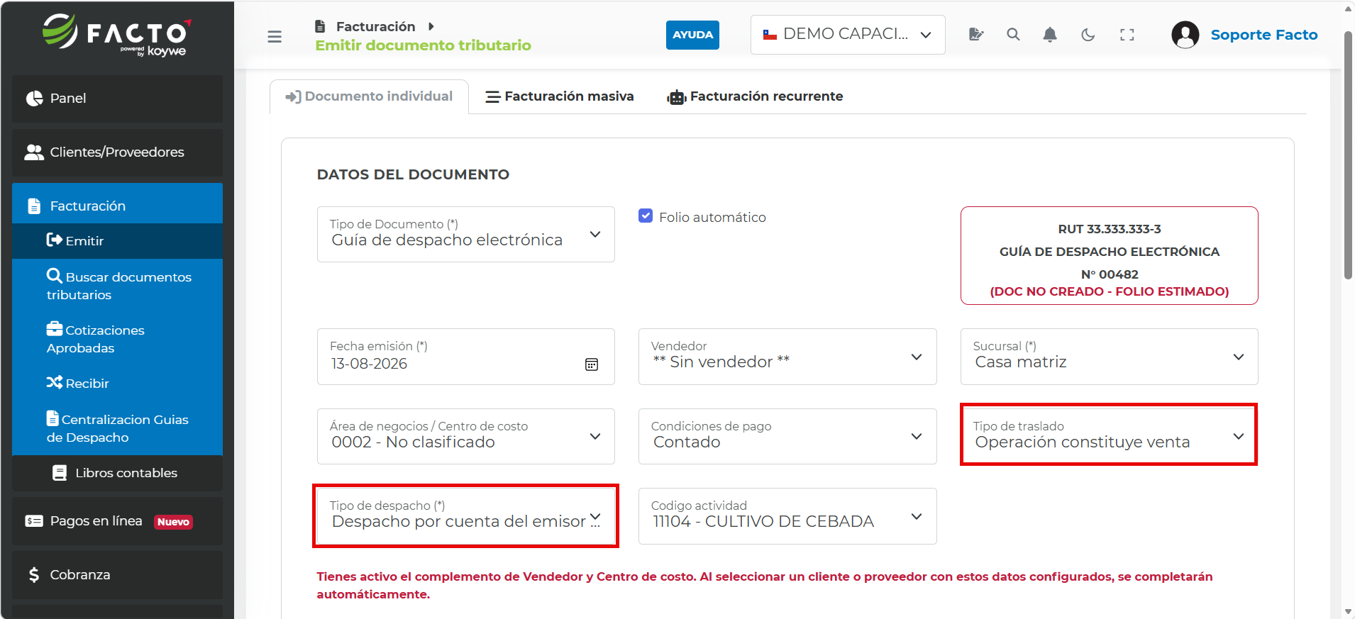 Selección del tipo de despacho y tipo de traslado de la Guía de Despacho Electrónica