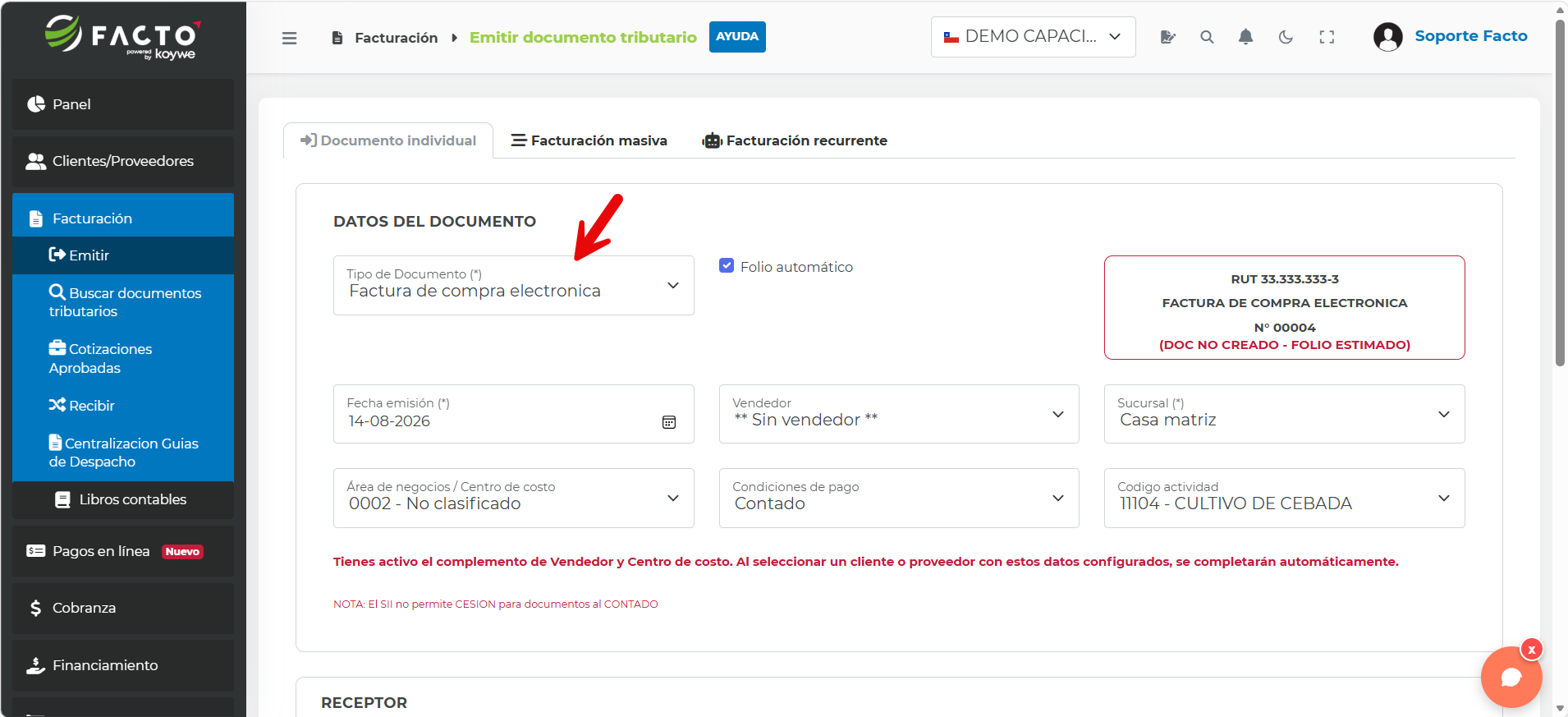 Selección de Factura de compra electrónica en el campo Tipo de documento