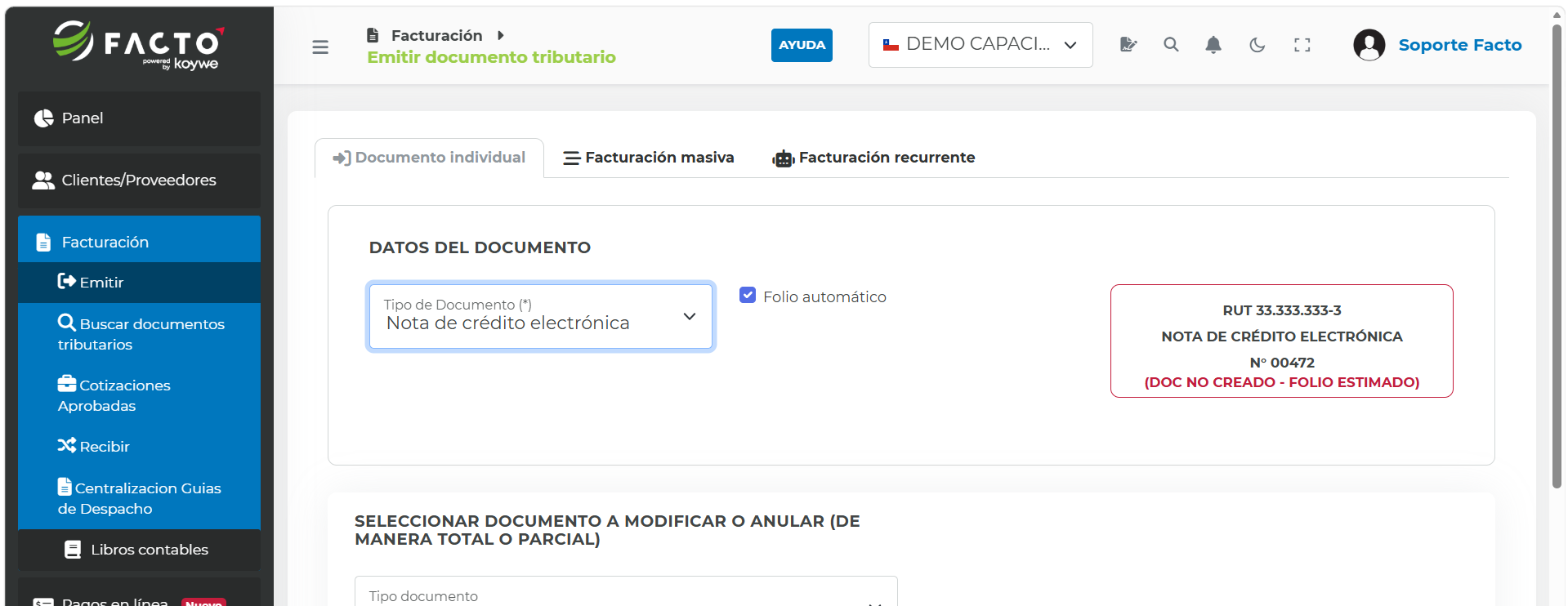 Selección de Nota de crédito electrónica en el campo Tipo de documento