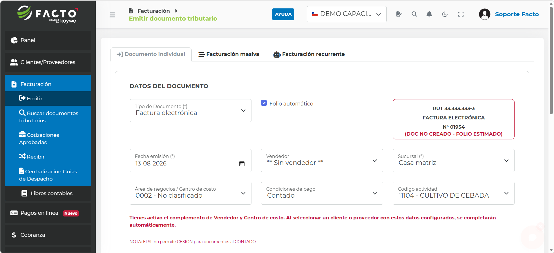Selector del tipo de documento a emitir en el módulo Facturación → Emitir