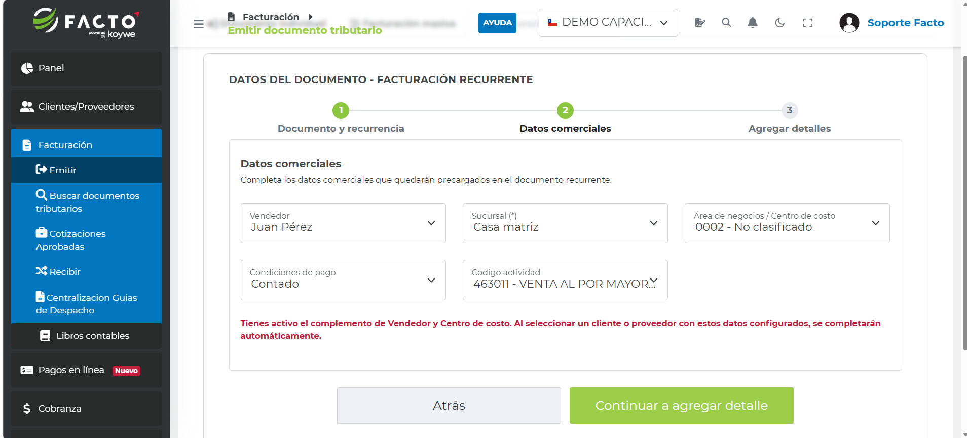 Formulario con Vendedor, Sucursal, Centro de costo, Condiciones de pago y Código de actividad