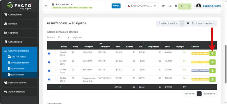 Botón para abrir una Orden de Trabajo desde el resultado de búsqueda en FACTO