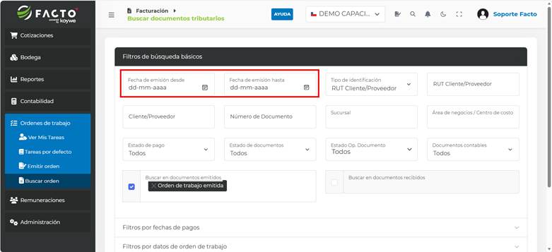 Filtros de búsqueda de Órdenes de Trabajo en FACTO, con el rango de fecha de emisión destacado