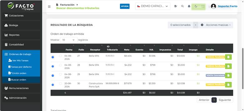 Resultado de la búsqueda de Órdenes de Trabajo emitidas en FACTO