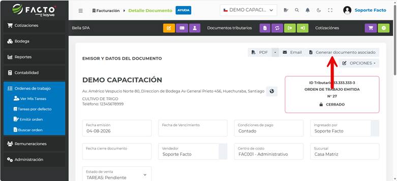 Botón Generar documento asociado dentro de una Orden de Trabajo en FACTO
