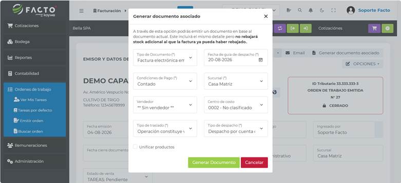 Modal Generar documento asociado en FACTO para seleccionar el tipo de documento a generar
