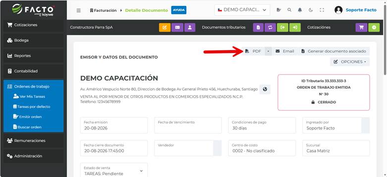 Botón para descargar el PDF de una Orden de Trabajo emitida en FACTO