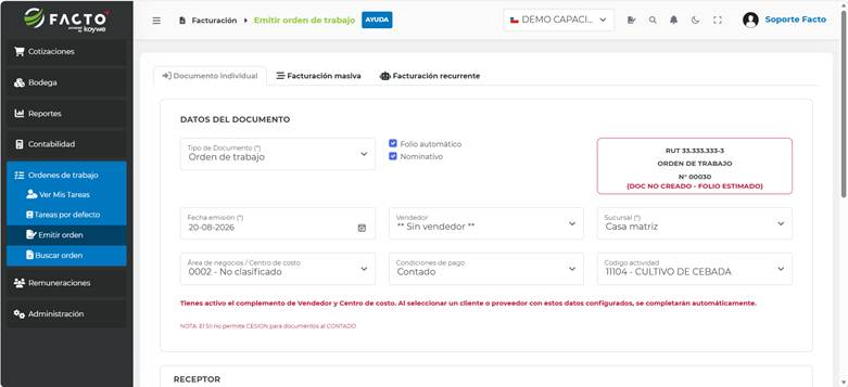 Selección del tipo de documento Orden de trabajo en FACTO