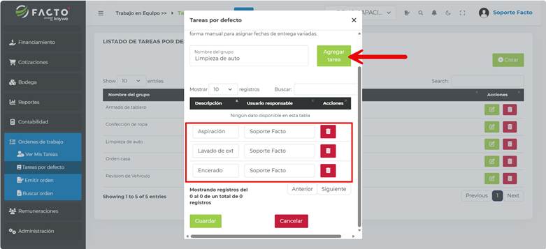 Modal de tareas por defecto en FACTO con el botón Agregar tarea destacado