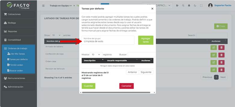 Modal para crear un grupo de tareas por defecto en FACTO, con el campo Nombre del grupo