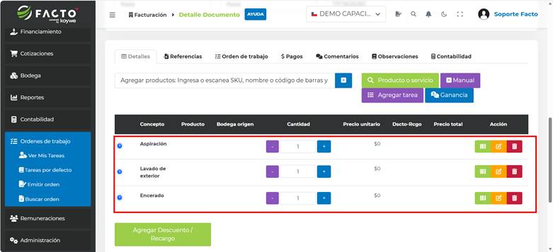 Tareas por defecto agregadas al detalle de una Orden de Trabajo en FACTO