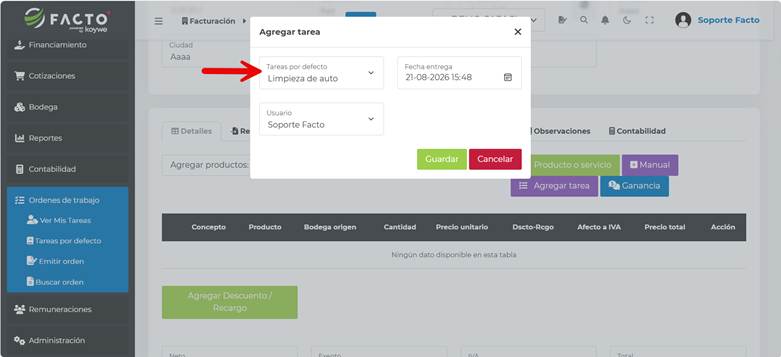 Modal Agregar tarea en FACTO para seleccionar la tarea por defecto, la fecha de entrega y el usuario
