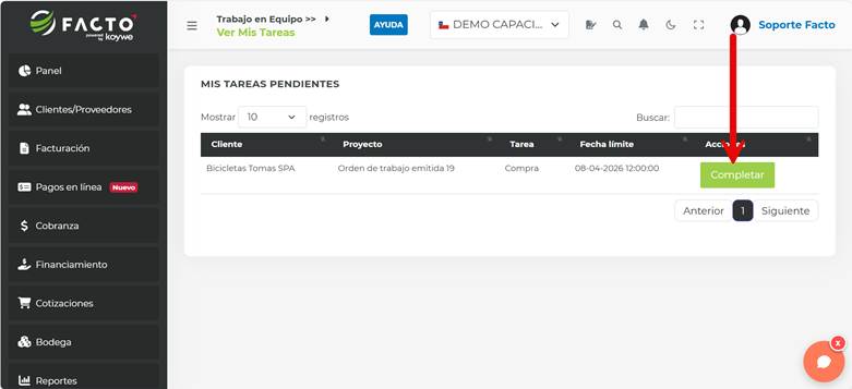 Listado de tareas pendientes en el módulo Ver mis tareas de FACTO, con el botón Completar destacado