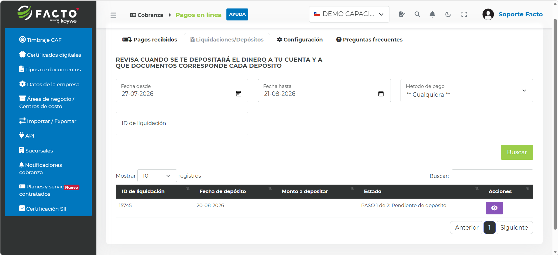 Pantalla de Liquidaciones/Depósitos en FACTO con el resultado de la búsqueda y su estado