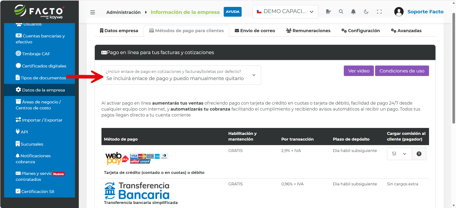Pantalla de Datos de la empresa en FACTO mostrando la opción para incluir el enlace de pago en línea por defecto