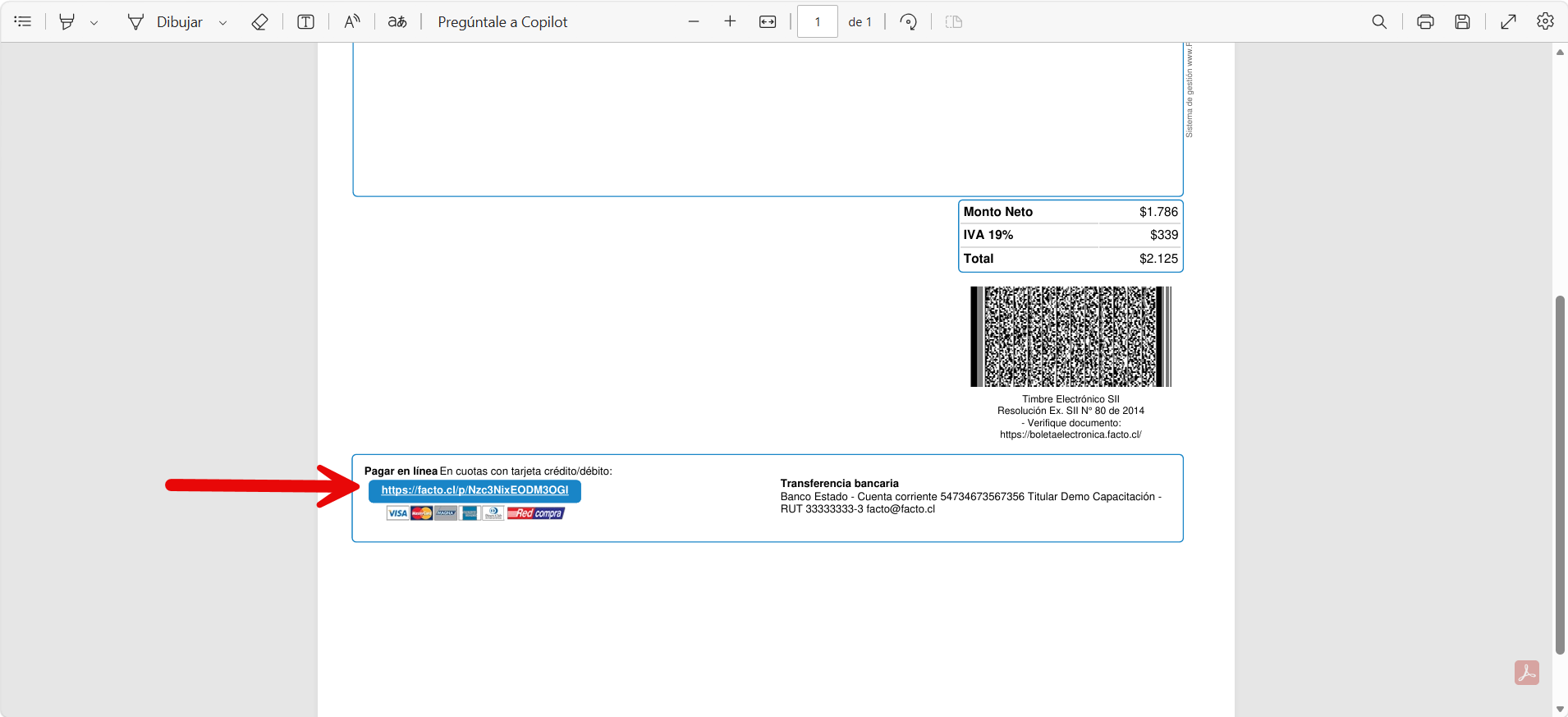 PDF de una boleta electrónica de FACTO con el link de Pago en línea al pie del documento