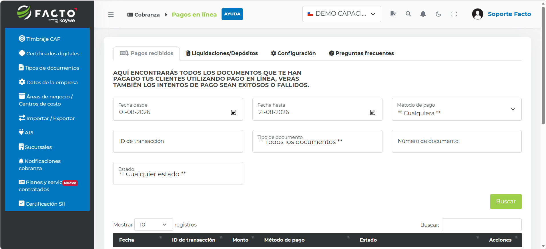 Pantalla de Pagos recibidos en FACTO con los parámetros de búsqueda de transacciones