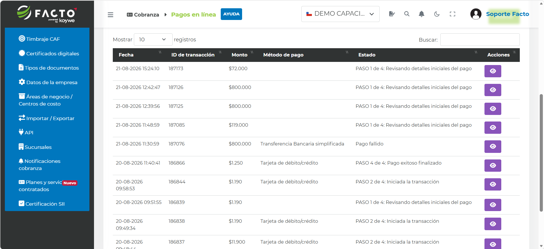 Listado de Pagos recibidos en FACTO mostrando la columna Estado con el paso de cada transacción