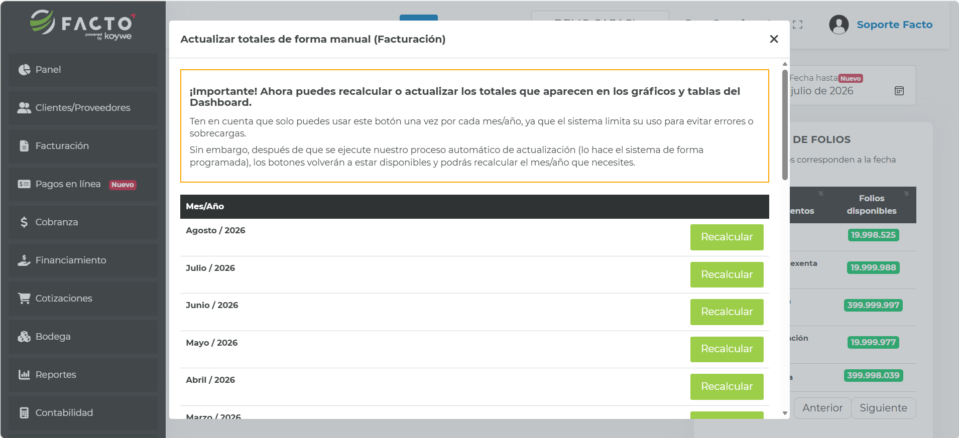 Modal Actualizar totales de forma manual con la lista de periodos y el botón Recalcular