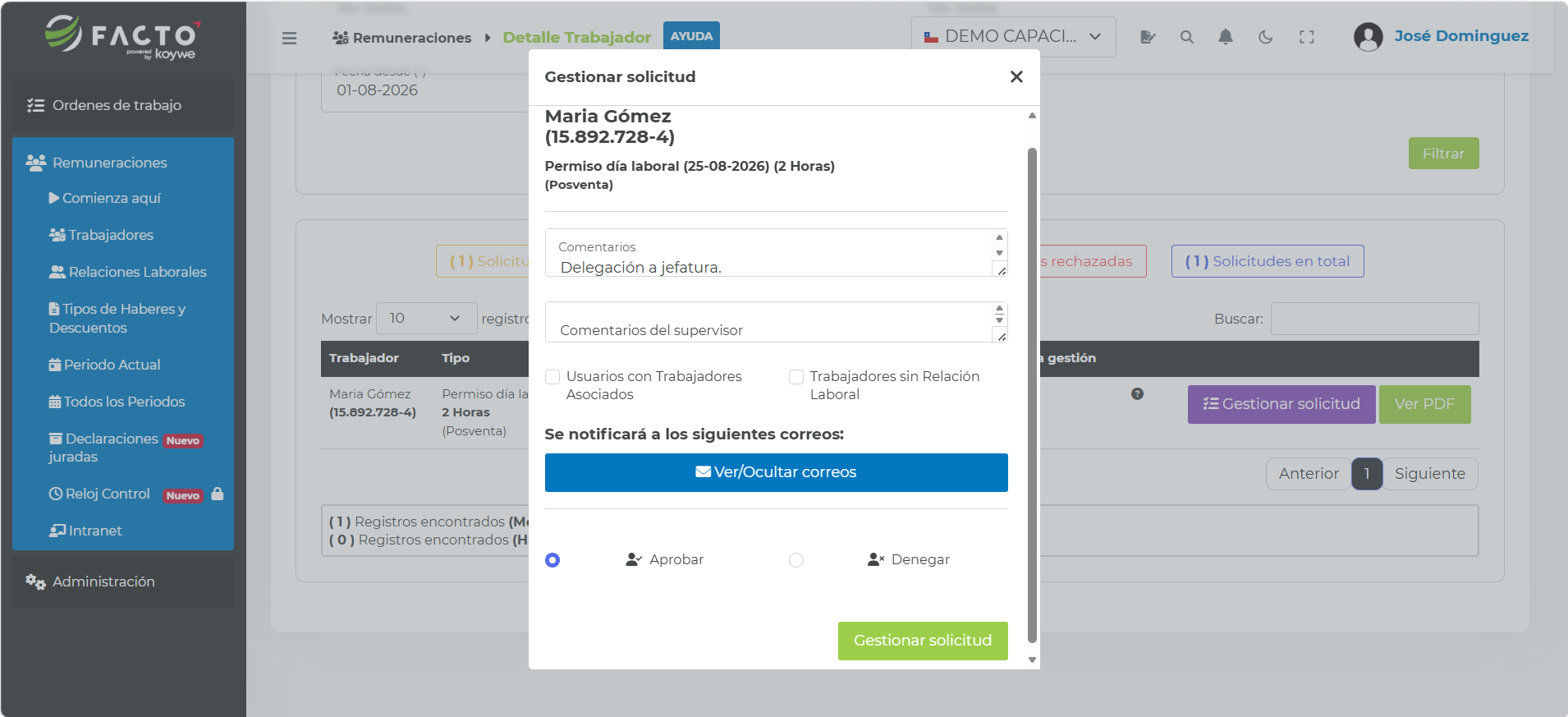Ventana Gestionar solicitud con las opciones Aprobar y Rechazar