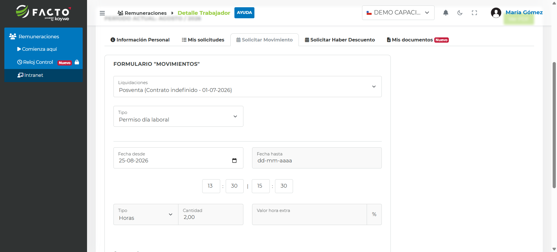 Formulario de movimientos con el tipo, fecha y hora de la solicitud