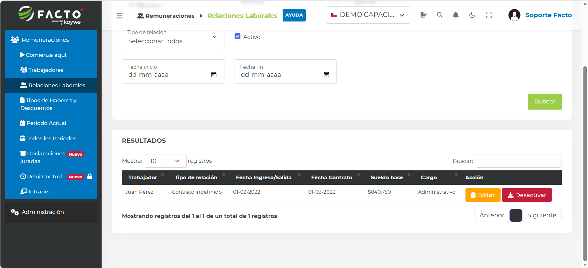 Listado de contratos de trabajo filtrado por trabajador