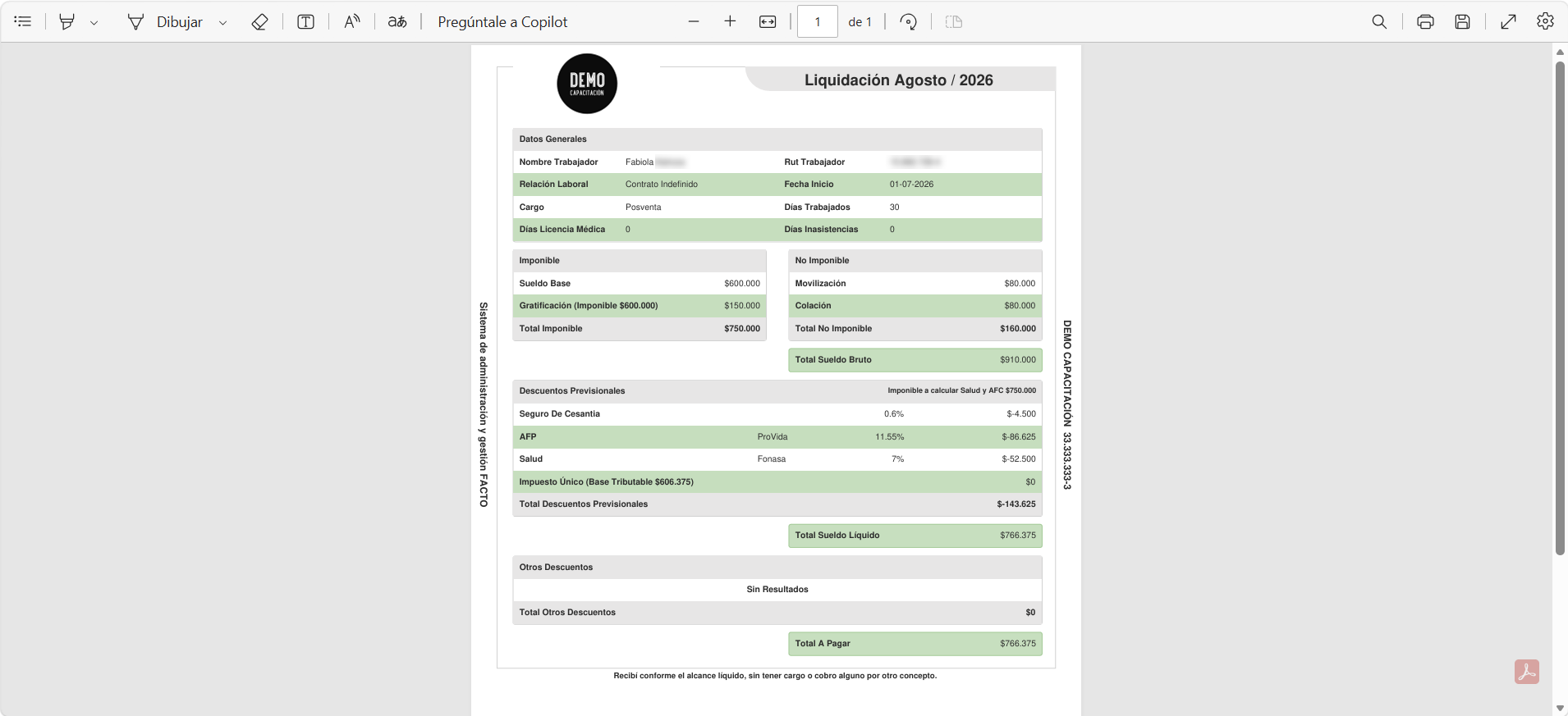Detalle en PDF de la liquidación con los haberes y descuentos destacados