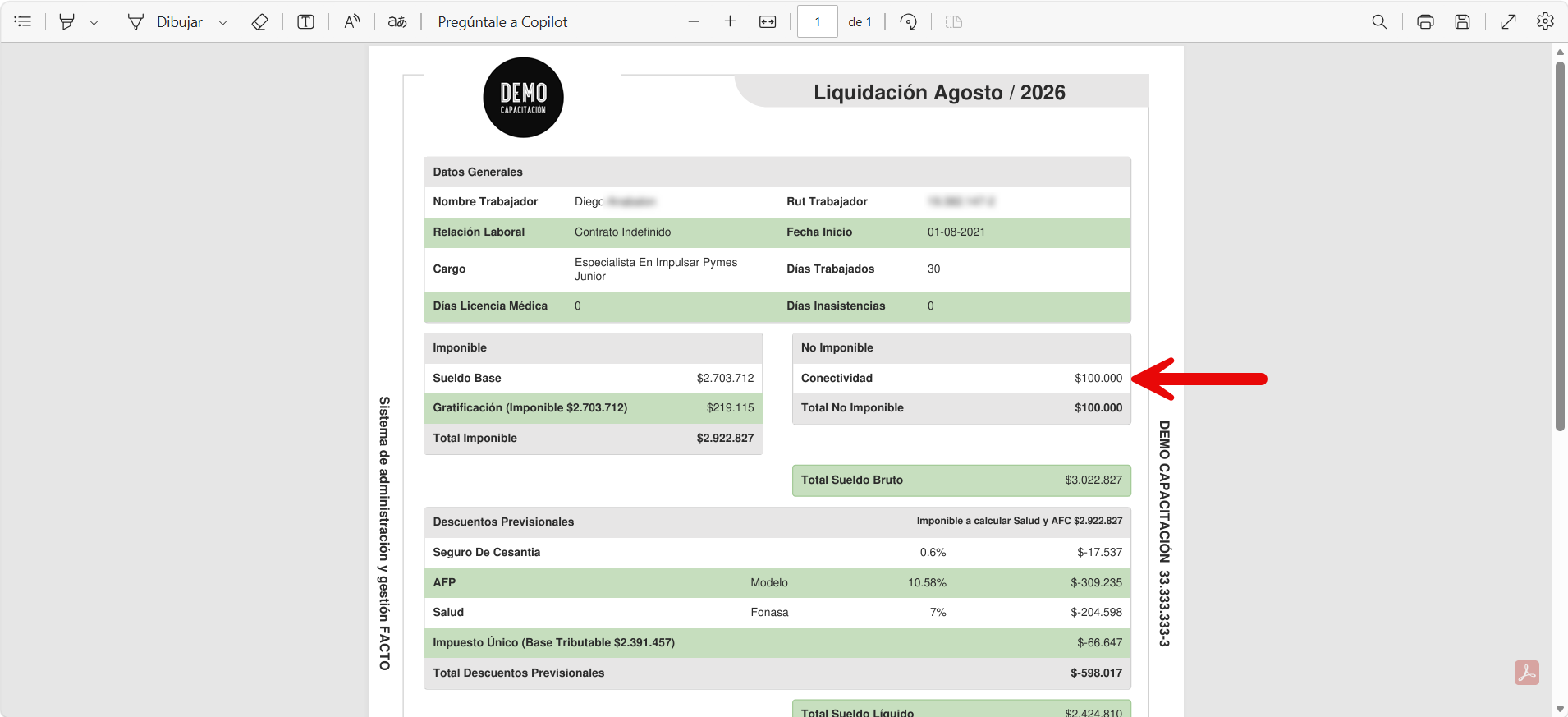 PDF de la liquidación con el haber o descuento agregado