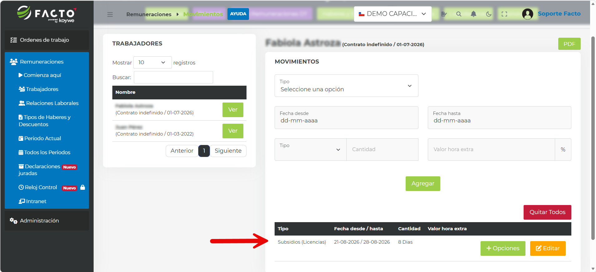 Movimientos del trabajador con el registro de Subsidios (Licencias) destacado