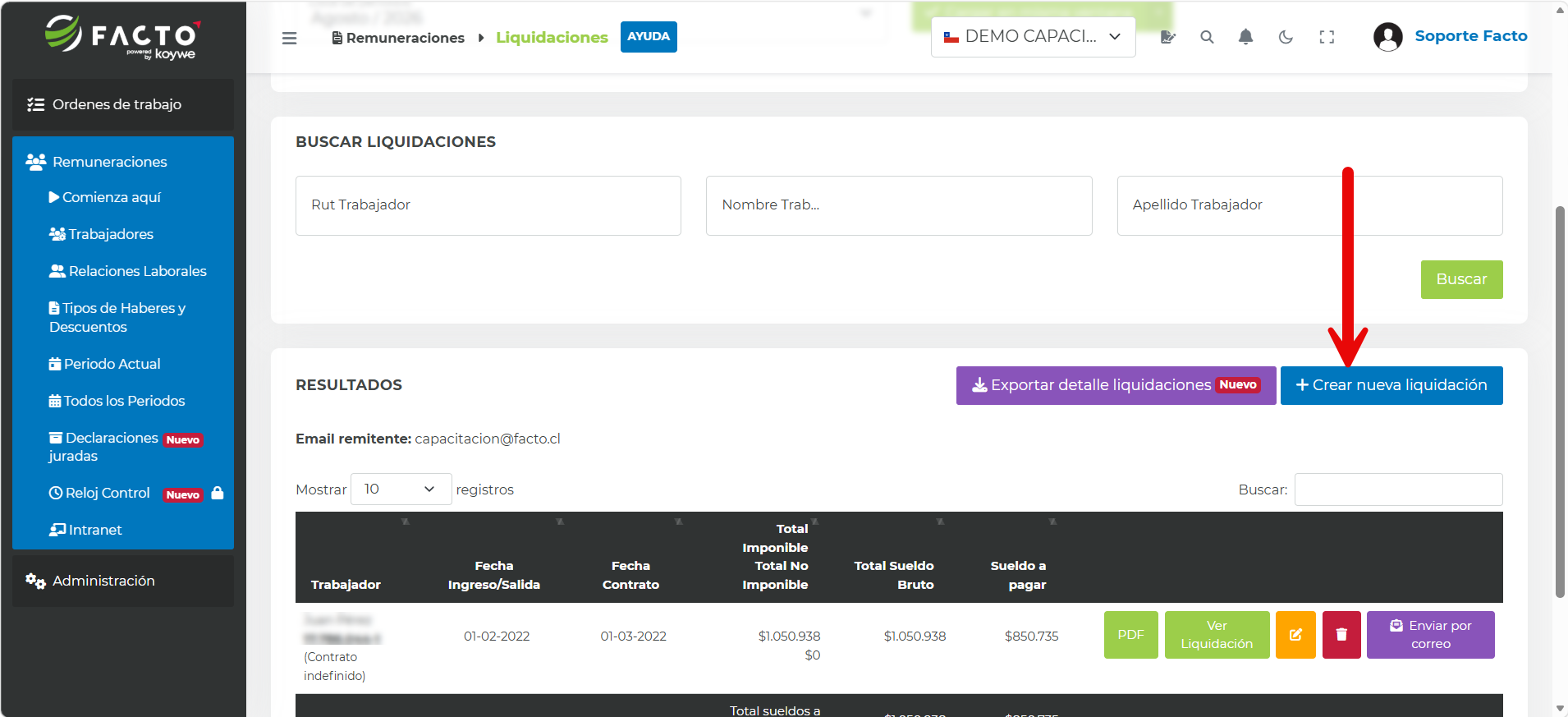 Módulo Liquidaciones con el botón Crear nueva liquidación destacado
