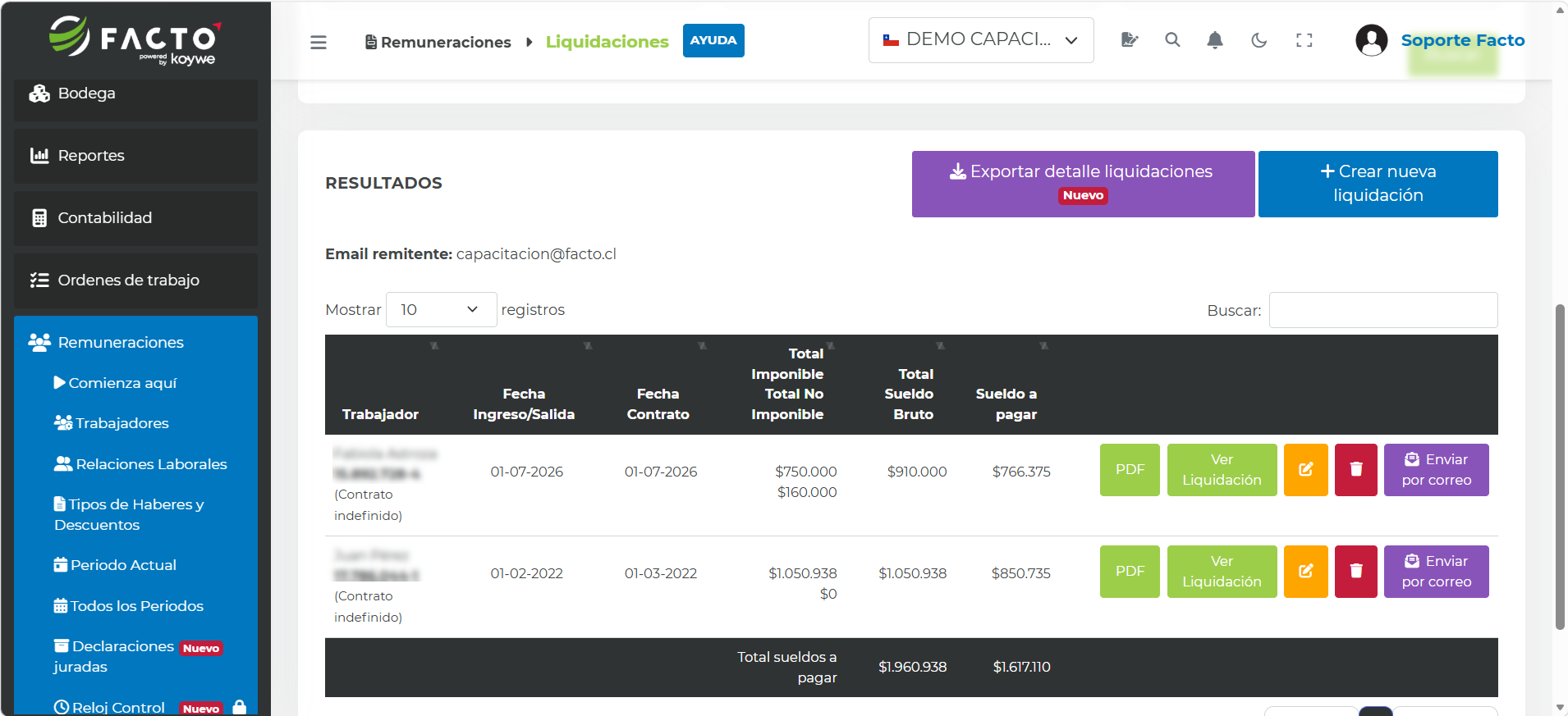 Listado de liquidaciones creadas dentro del periodo