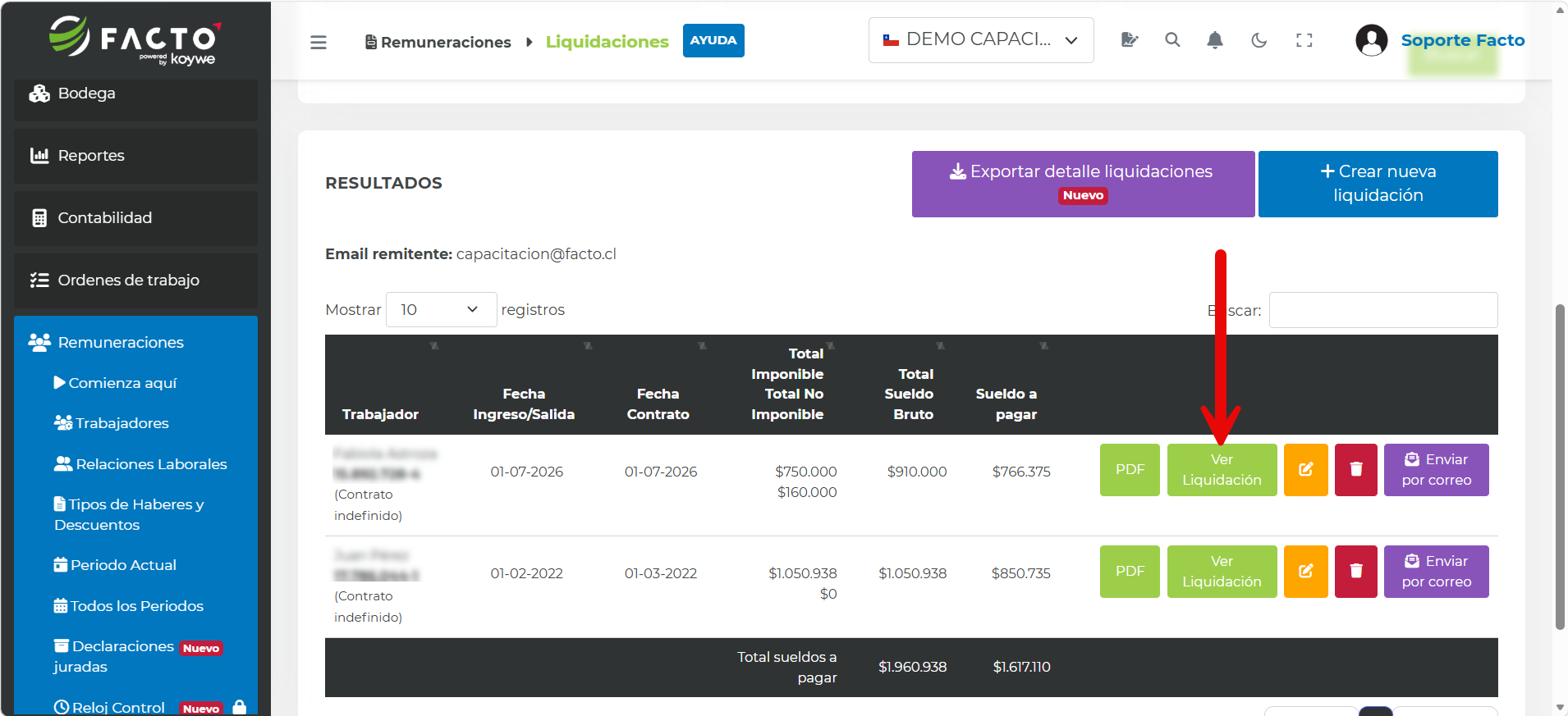 Listado de liquidaciones con el botón PDF destacado