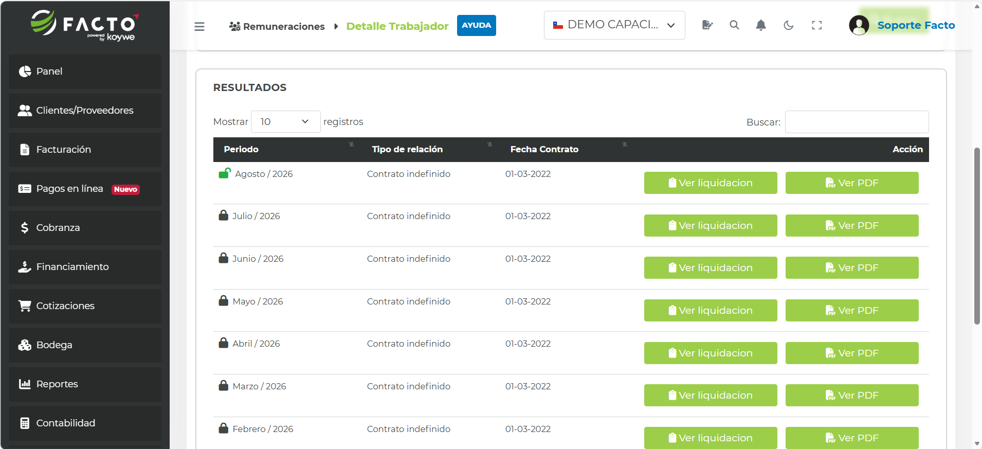 Pestaña Liquidaciones con el listado de liquidaciones del trabajador