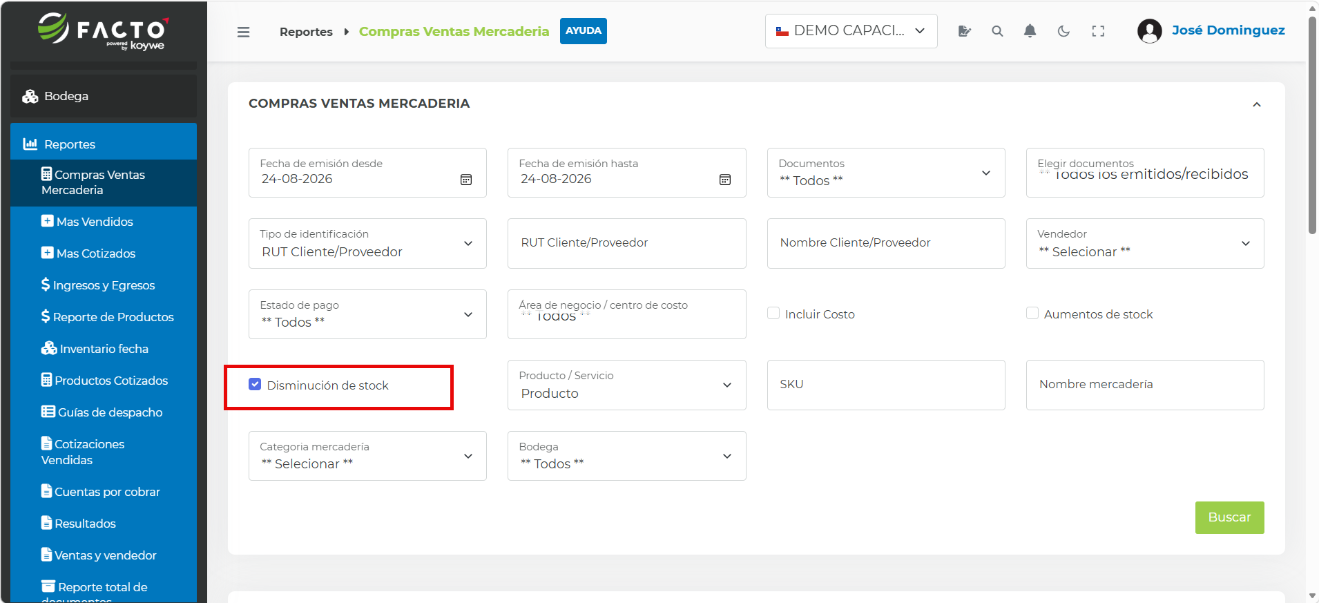 Filtro Disminución de stock en el reporte Compras ventas mercadería