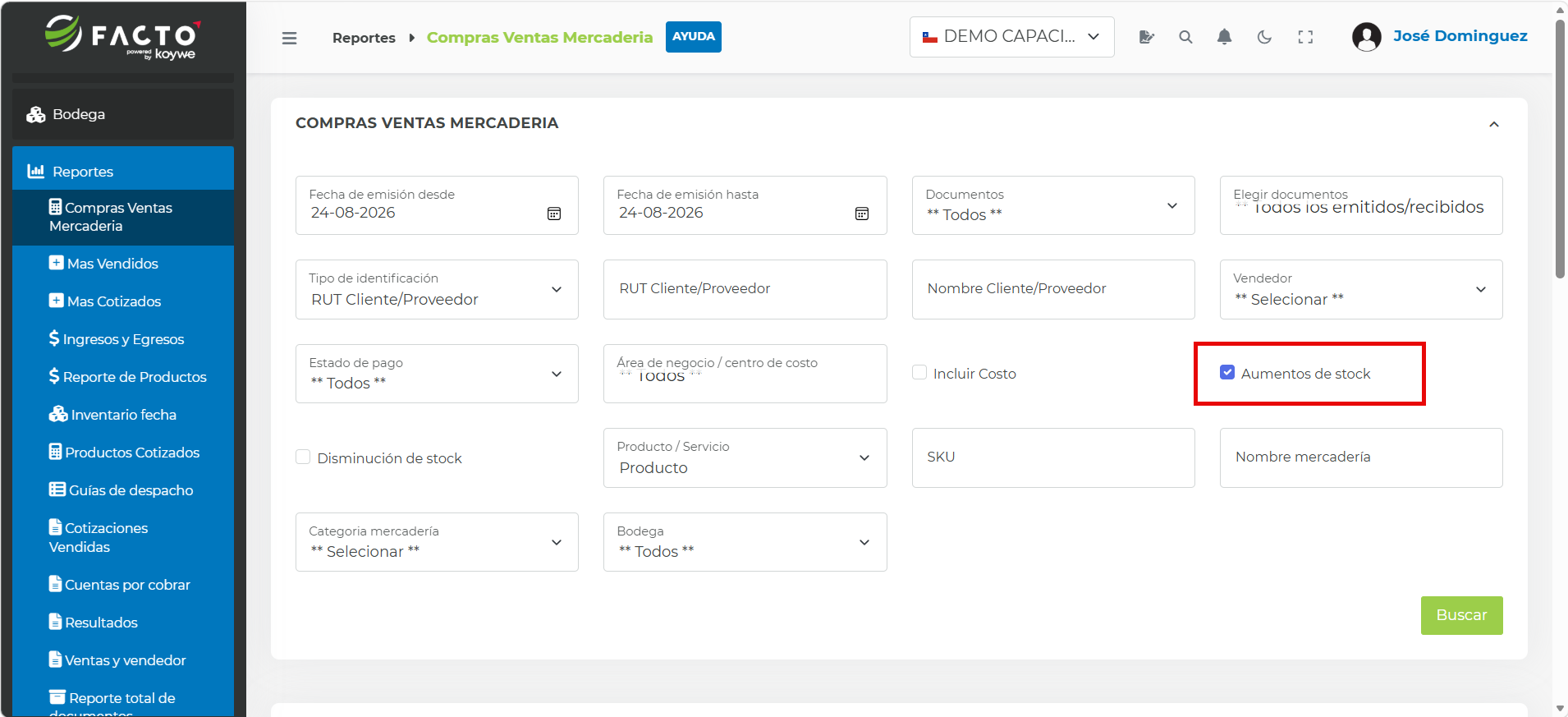 Filtro Aumentos de stock en el reporte Compras ventas mercadería