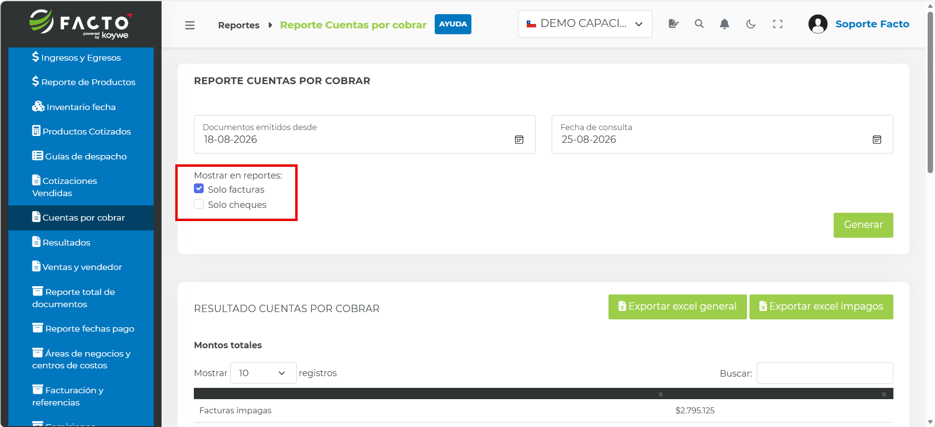 Filtros Sólo facturas y Sólo cheques en el reporte Cuentas por cobrar