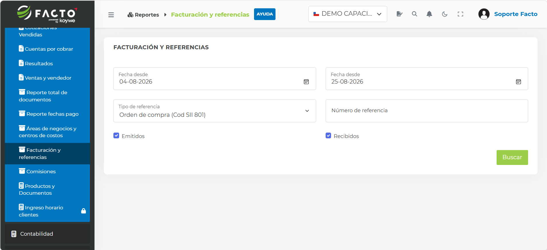 Filtros del reporte Facturación y referencias
