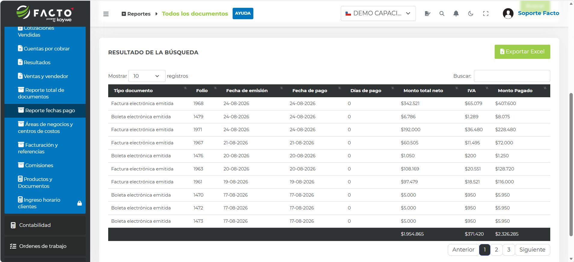 Reporte fechas pago en FACTO