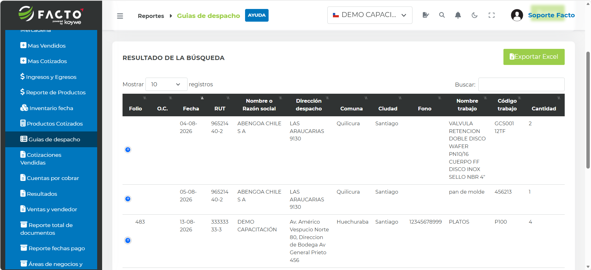 Reporte de Guías de despacho en FACTO