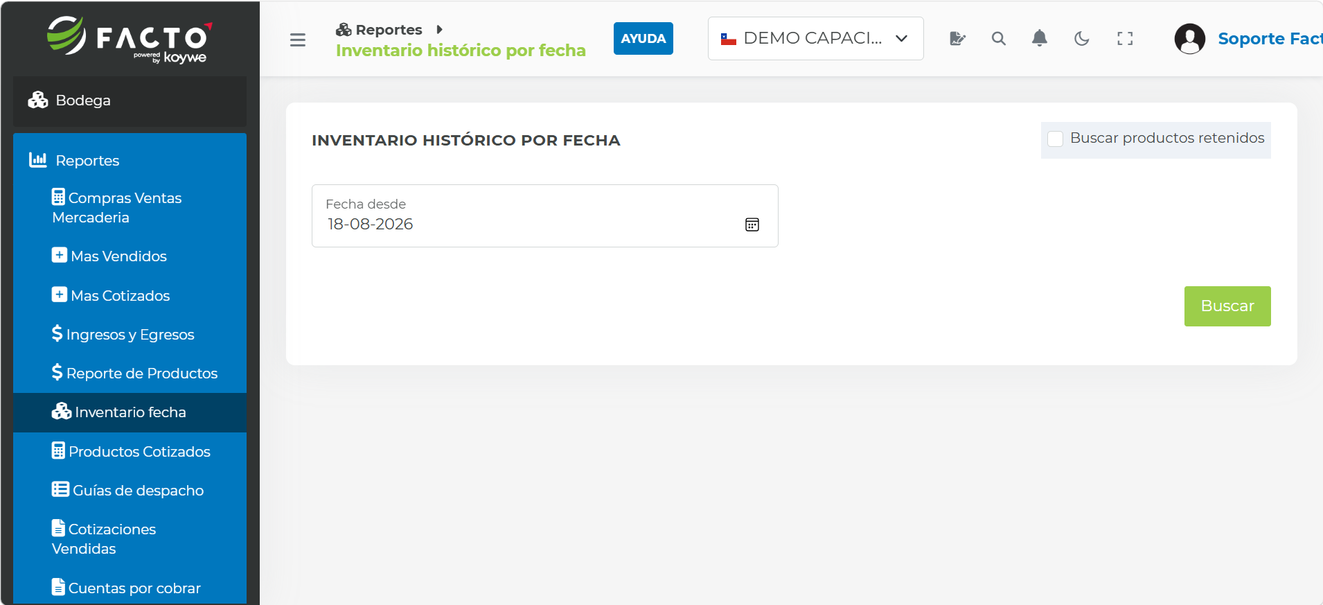 Listado de stock de productos en Inventario fecha