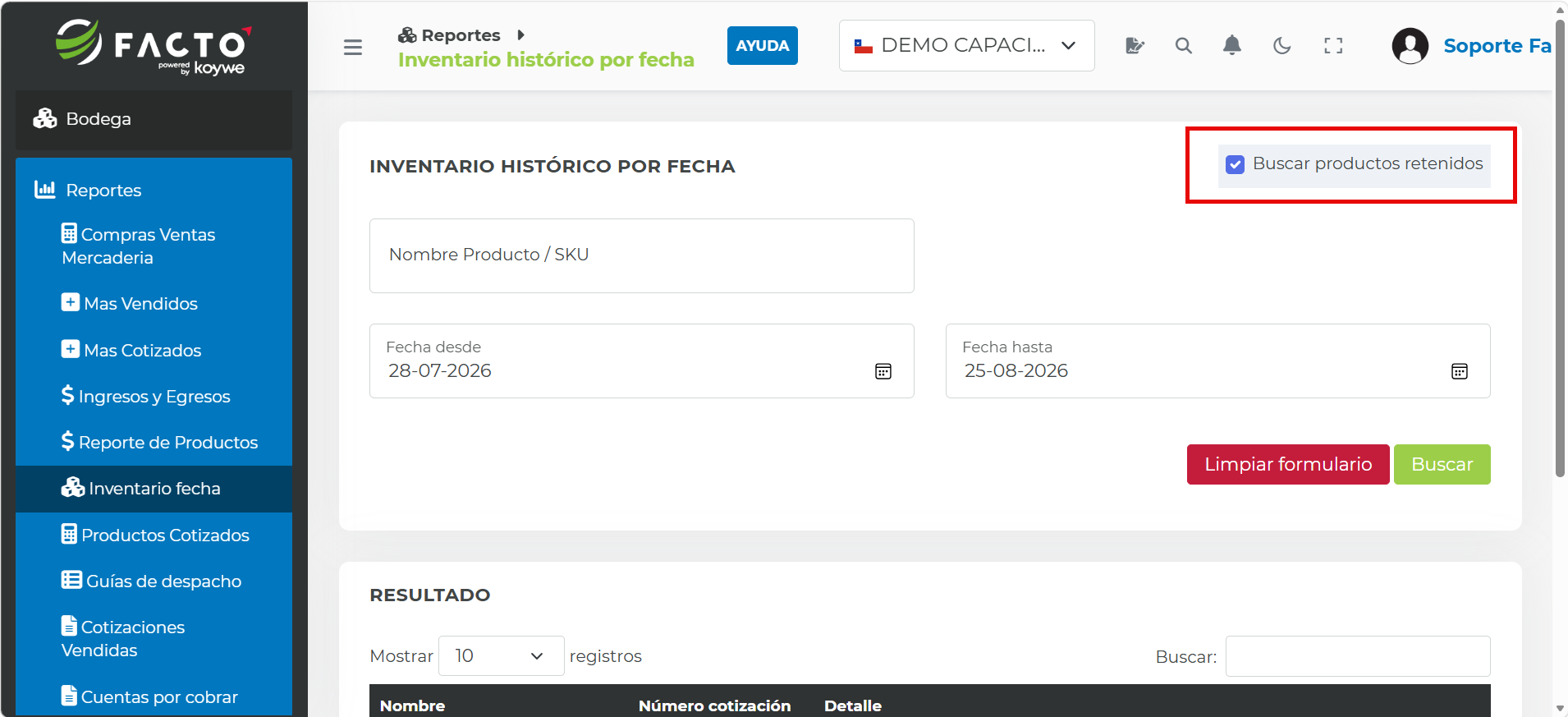 Filtro Buscar productos retenidos en Inventario fecha