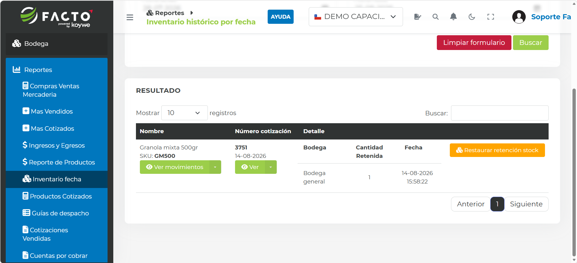 Listado de retenciones de stock
