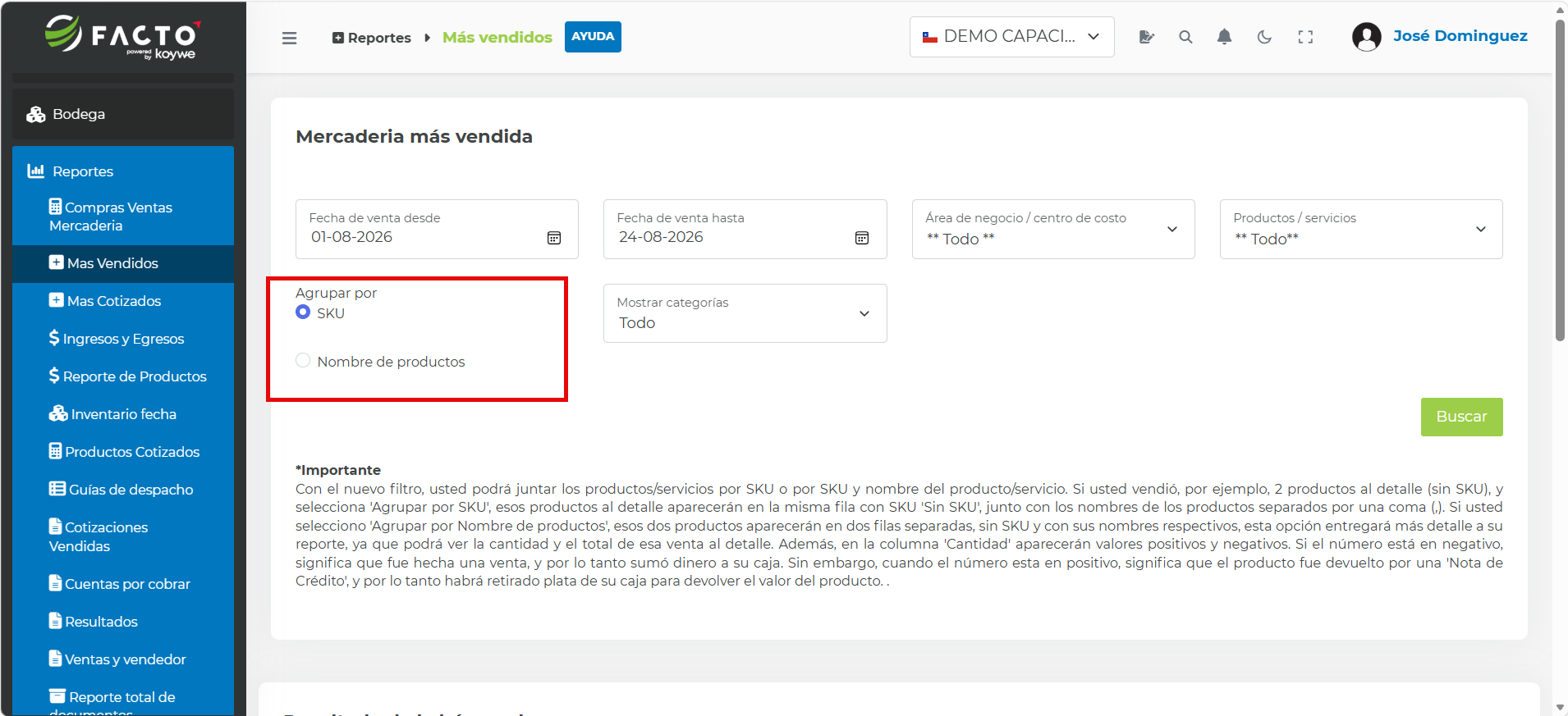 Filtro de búsqueda por SKU o nombre en Más vendidos